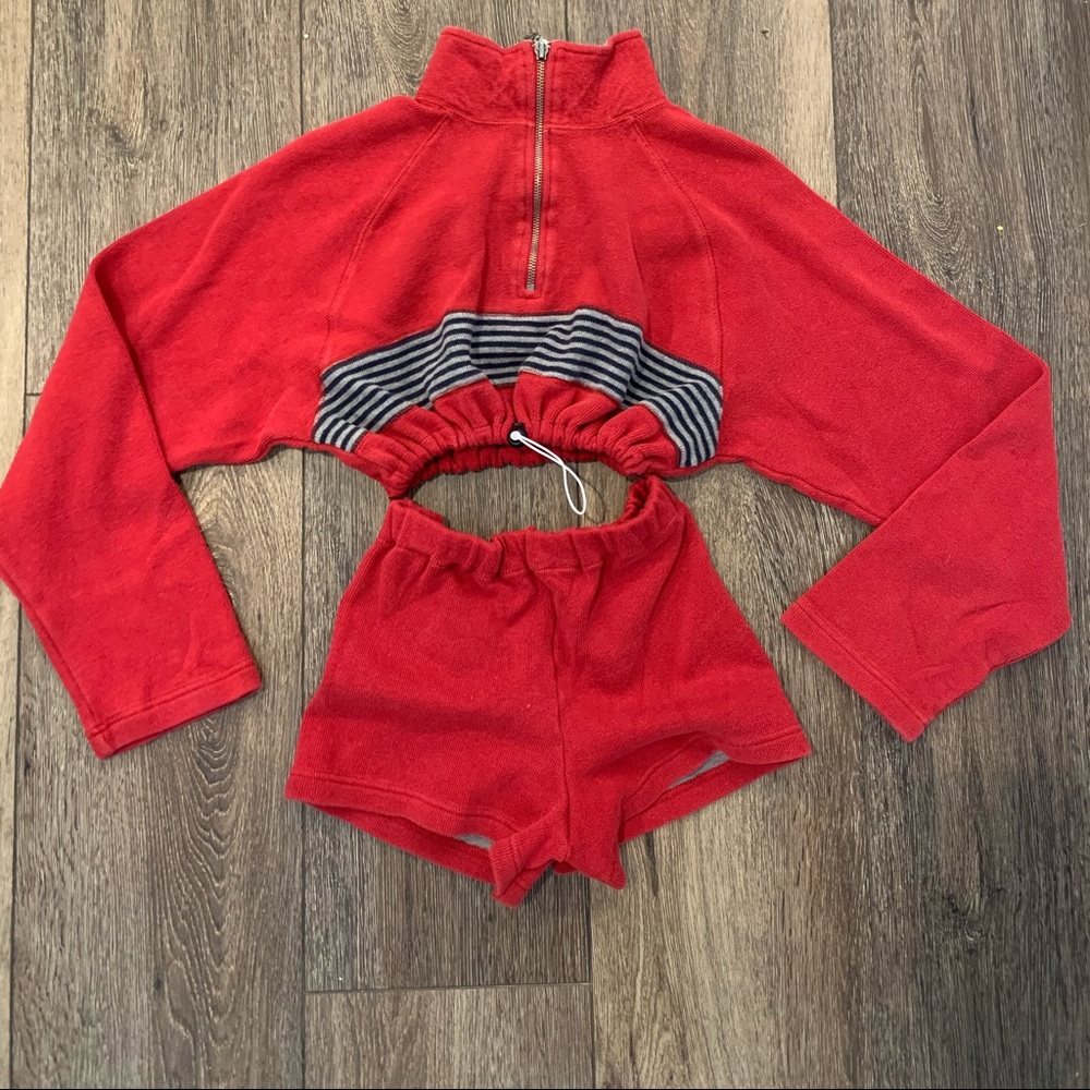 Matching red short set.